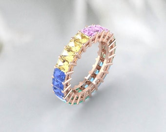 Rainbow Sapphire Band Multi Sapphire Octagon Emerald Cut Eternity Band Ring, Natural Multi Sapphire Band, Rainbow Ring, Family Birthstone
