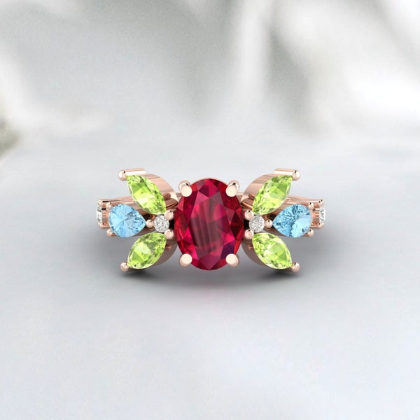 Oval Lab-Grown Ruby Promise Ring, Ruby and Peridot Ring Pear Shape Aquamarine Ring Ruby Diamond Engagement Ring Personalized Gift for women
