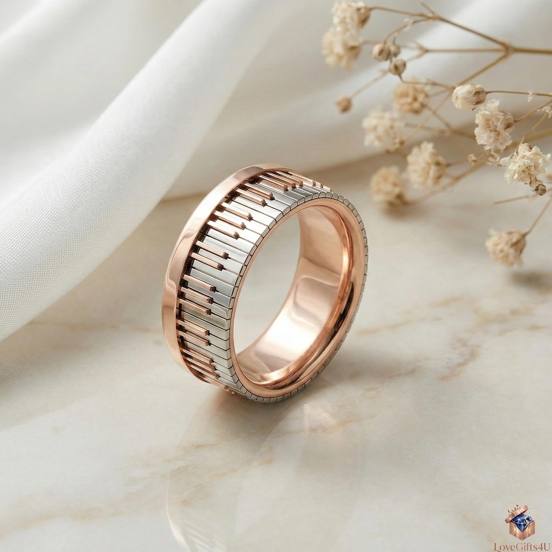 Piano Ring Sterling Silver Keyboard Band Rose Gold Plated Music Lover ...