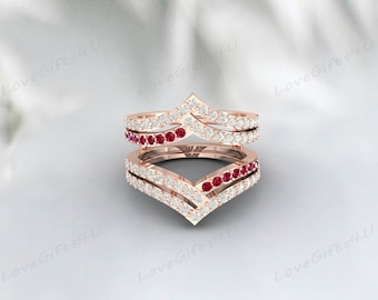 Curved Ruby & Diamond Wedding Enhancer Guard, 14k Gold Finish Diamond Double Ring Enhancer For Women, Ruby Wrap Enhancer Engagement Ring