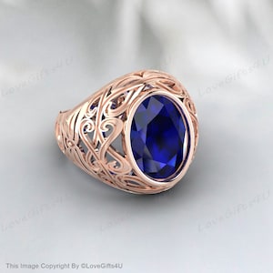 Anel de safira azul vintage, filigrana de prata esterlina 925, pedra preciosa de corte oval, anel de casamento ou noivado art déco masculino, pedra do mês de setembro