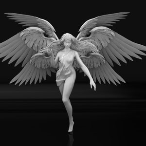 May include: A light gray figurine of a winged figure with long flowing hair and a draped garment. The figure has four large, detailed feathered wings spread wide behind the body, with one arm raised and the other extended downward in a pose.