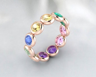 Multi Sapphire Ring, Rainbow Gemstone Ring, 14K Solid Gold Ring, Eternity Band Ring, Multi Color Gemstone Ring, Stacking Ring, Gift For Her