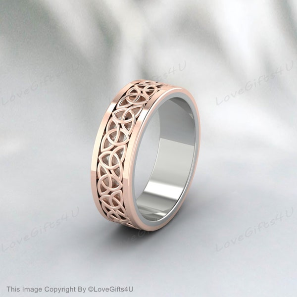 Bande de mariage Triketa bicolore, bague triquette jaune et or rose, bague triquetra argentée, alliance de mariage pour hommes Celtic Knot Band