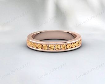 Yellow Citrine Wedding Band,925 Silver Citrine Half Eternity Band,November Birthstone,Matching Band,Stacking Ring Anniversary Gift For Women