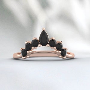 Black onyx Curved wedding band women Unique Pear shaped diamond wedding band vintage 14K yellow gold Stacking Matching Bridal gift for her