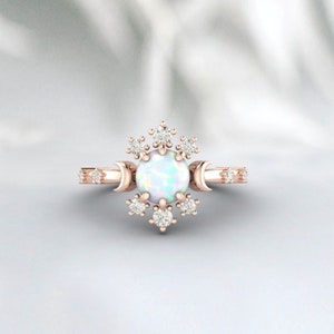 Vintage Rose Gold Opal Wedding Ring Set with Moissanite Cluster - Celestial Moon Engagement & Bridal Set for Women - Valentine&#39;s Gift