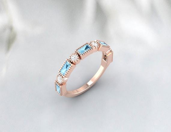 Bague aigue marine vintage Baguette Cut Bijoux aigue marine Demi eternite Alliance en diamant aigue marine Or blanc Cadeau danniversaire pour elle Etsy France