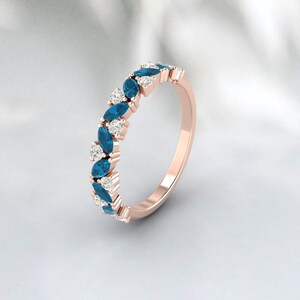 London Blue Topaz Wedding Band, Topaz Half Eternity Band, Rose Gold Wedding Band, Topaz Stacking Band, Anniversary Ring, Gift Ring for Women