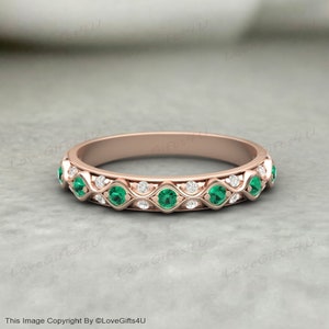 Alternating Emerald and Diamond Eternity Band - Half Eternity Ring - Wedding Band - Anniversary Stack Band - Solid Gold Dainty Stacking Ring