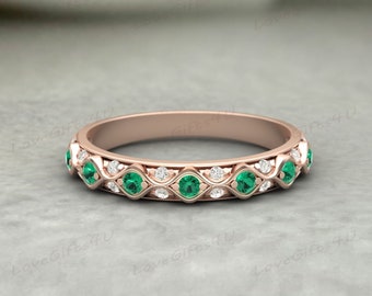 Alternating Emerald and Diamond Eternity Band - Half Eternity Ring - Wedding Band - Anniversary Stack Band - Solid Gold Dainty Stacking Ring