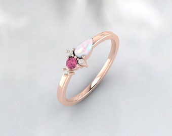 Opal & Pink Tourmaline Darling Cluster Ring - 925 Sterling Silver Proposal Ring - October Birthstone - Unique Engagement Wedding Band