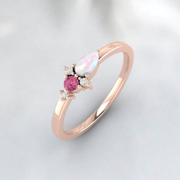 Opal & Pink Tourmaline Darling Cluster Ring - 925 Sterling Silver Proposal Ring - October Birthstone - Unique Engagement Wedding Band