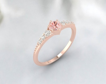 Natural Peach Morganite Minimalist Ring 14k Rose Gold Cluster promise matching Band Wedding Ring 925 Sterling Silver Engagement ring