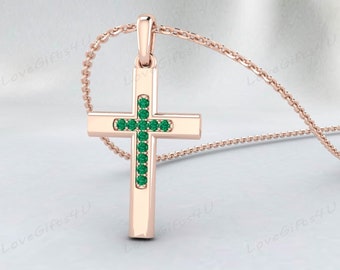 Diamond Emerald Cross Necklace 14k Gold Emerald Diamond Cross Emerald Birthstone Cross Gold Emerald Cross Communion Confirmation