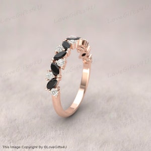 Vintage Marquise Half eternity Marquise Black Onyx Wedding Band, July birthstone Ring, Matching Unique Bridal Stacking Promise gift for her