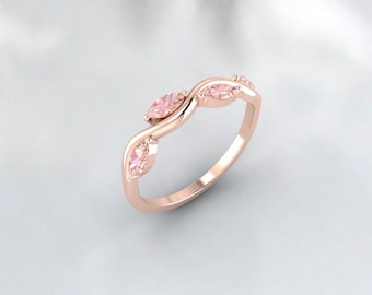 Leaf Floral Wedding Band Unique Marquise Morganite Wedding Band Branch Rose Gold Diamond Stackable Matching Rings Anniversary Gift