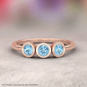 Handmade Aquamarine Triple Stone Ring - Aqua Gems on Sterling Silver Band - Minimalist March Birthstone Jewelry - Proposal, Anniversary Gift
