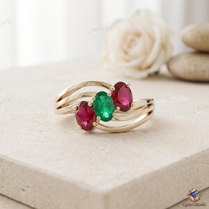 925 Silver Rubin Smaragd Ring Tre Sten Bypassband Jubileumspresent