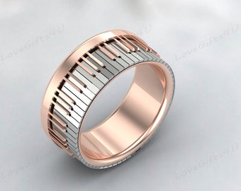 Piano Ring, 925 Sterling Silver Piano Jewelry, Music Ring, Rose Gold plating Band with Step Edge and Piano Key Pattern Laser Engraved