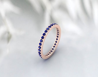 Blue Sapphire 2mm Eternity Ring, 925 Sterling Silver Stackable Band, September Birthstone, Engagement Wedding Anniversary Gift