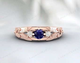 Blue Sapphire Leaf Ring, Nature White Gold Leaf Engagement Ring, Sapphire Leaves Ring, Forest Ring Leaf Flower Ring, leaf Lotus ring