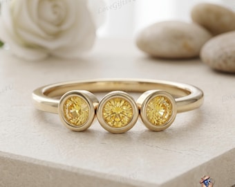 Three Stone Citrine Ring 925 Sterling Silver Bezel Set Band Minimalist November Birthstone