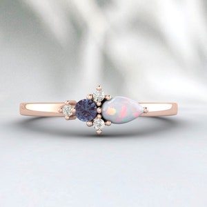 Rainbow Opal And Alexandrite Cluster Ring, Color Changing Stone 925 Sterling Silver Ring 14k Gold June Birthstone, Alexandrite Diamond Ring