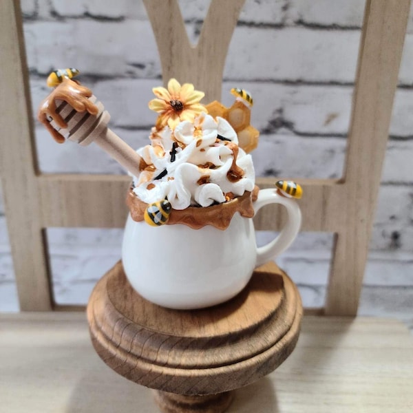 Honey Pot sunflower Faux Whipped Mini Mug, Bee themed Tier Tray Decor, Farmhouse Decor, Kitchen Decor, Spring Tiered Tray, Bee Mug Topper