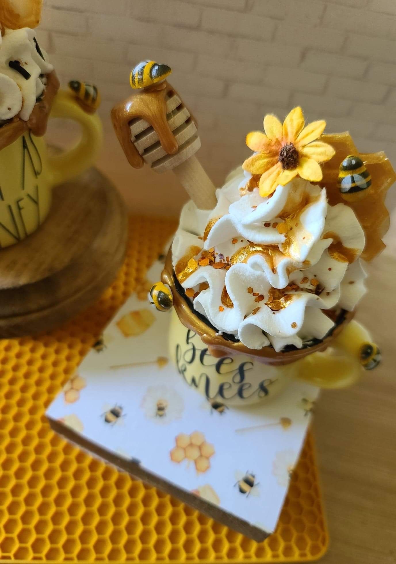 Honey Bee Sunflower Faux Whipped Mini Mug, Bee Themed Tier Tray Decor,  Farmhouse Decor, Kitchen Decor, Spring Tiered Tray, Bee Mug Topper 