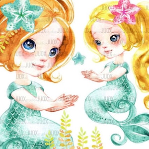blonds et roux Sirènes -type 2, Princesse de conte de fées, Clipart aquarelle, Éléments numériques, Fête, Invitation fabuleuse, Salutations Diy