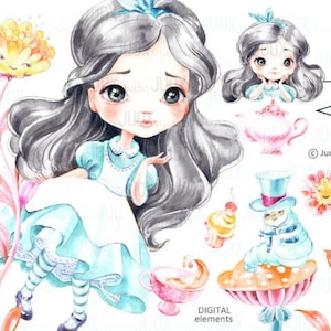 ALICE in Wonderland, Watercolor Clipart, flowers Elements, Party Digital, Fabulous invitation, Greetings Diy