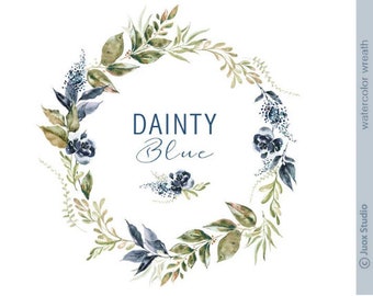 Watercolor wreath, Dainty Blue, watercolor roses & branches wreath, small set, digital wreath, clipart, wedding design, decoration
