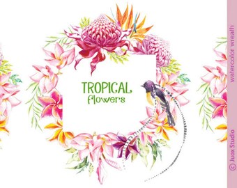 Tropical Flowers wreaths, Watercolor Digital wreath, Elements leaves Pink Wedding invitation Greetings Diy elements