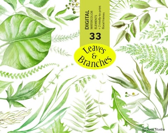 Leaves & Branches Watercolor Painting Clipart, Leaves, Jungle Branches, Green, Digital Elements, Wedding invitation, Greetings Diy card