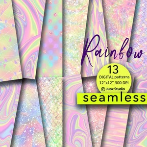 Puede incluir: Un conjunto de 13 patrones digitales sin costuras con colores arcoíris iridiscentes y purpurina. Los patrones son de 30,48 cm por 30,48 cm y 300 DPI. El texto "Rainbow seamless" está en la imagen.