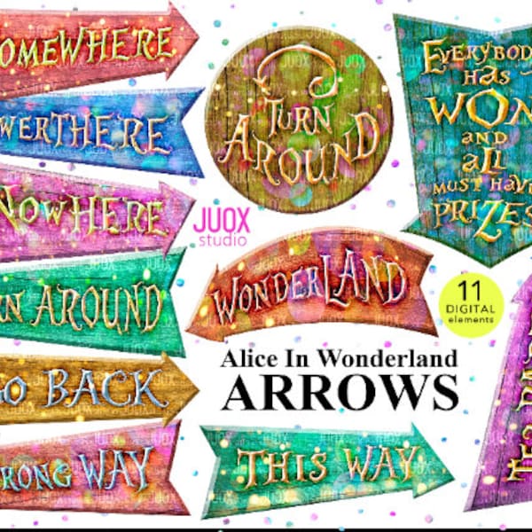 Printable Alice in Wonderland Arrow Sign Posts, Onederland Arrows, Alice Party Decor, This Way, That Way, Wonderland Party Decorations