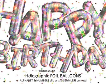 Holographic foil balloons clipart letters, numbers, alphabet, seamless confetti, digital, instant download