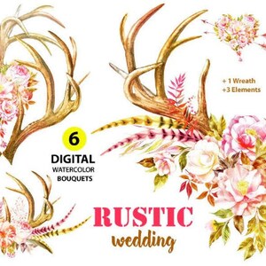 Clipart de pintura em aquarela de casamento rústico, buquê de flores, flecha, chifres, dia dos namorados, elementos digitais, convite boho, saudações diy