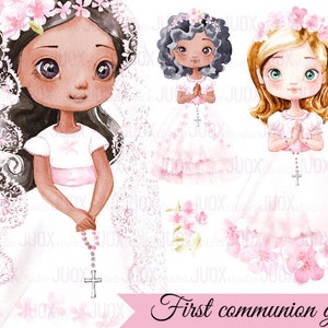 Bambina della prima comunione, Clipart religiosa ad acquerello, rosa, Elementi digitali, invito, Saluti fai da te