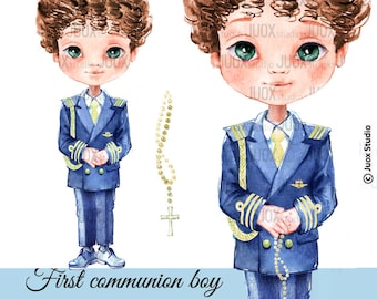 First communion boy, Watercolor religious Clipart, blue, Digital Elements, invitation, Greetings Diy
