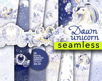 Seamless Dawn unicorn Paper Pack, royal blue Unicorn paper, Watercolor decoration, paper Scrapbooking