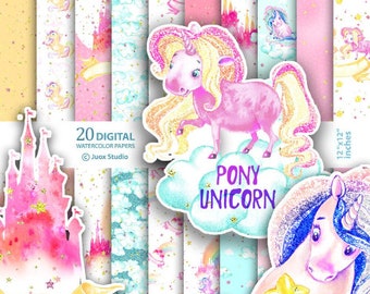 Unicorn paper pack, Unicorn digital paper, Watercolor paper clipart, Pink Blue Yellow, decoration, Digital paper set, Scrapbooking