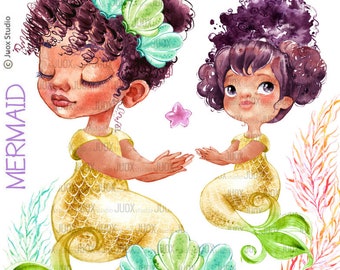 Maroon hair Mermaids clipart, Fairytale Princess, Watercolor Clipart, Digital Elements, Party, Fabulous invitation, Greetings Diy