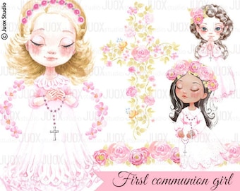 First communion girl, Watercolor religious Clipart, pink, Digital Elements, invitation, Greetings Diy, pink hue dress, blonde, brown hair
