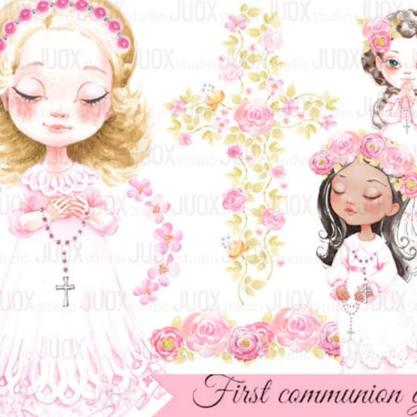 First communion girl, Watercolor religious Clipart, pink, Digital Elements, invitation, Greetings Diy, pink hue dress, blonde, brown hair