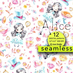 May include: A seamless pattern featuring a watercolor illustration of Alice in Wonderland. The pattern includes Alice, a teacup, a teapot, a clock, a hat, and flowers. The pattern is in shades of pink, blue, green, and yellow on a white background. The text "Alice 12 DIGITAL patterns 12"x12" 300 DPI © Juox Studio seamless" is included in the image.