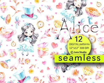 12 seamless Only JPG Alice in Wonderland, backgrounds paper pack, flowers Elements, Party Digital, Fabulous invitation, Greetings Diy