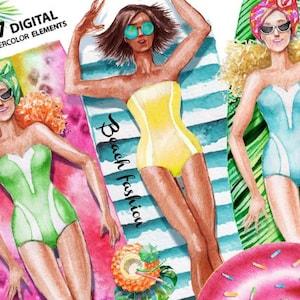Meninas da moda praia, clipart de pintura em aquarela, linda senhora, chapéu feminino, óculos de sol, elementos digitais, convite para festa, cartão de cumprimentos DIY