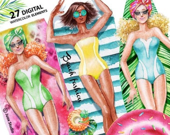 Beach Fashion Girls, Watercolor Painting Clipart, Pretty Lady, Femine Hat, Sunglasses, Digital Elements, Party invitation,Greetings Diy card